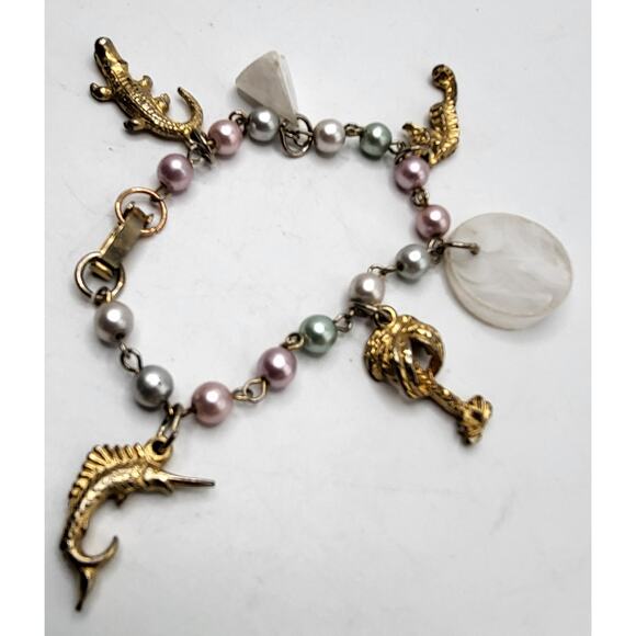 Vintage Jewelry - Vintage Charm Bracelet Ocean Nautical Seahorse Palm Trees Alligator Fish Pearl